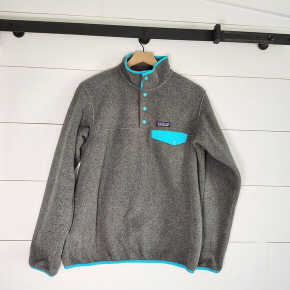 Patagonia Synchilla T Snap Size M Fleece Grey Turquoise Trim 2016 Women’s EUC - Picture 1 of 7